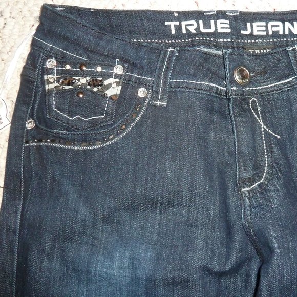 TRUE JEANS Dark Wash Denim, Straight Leg, Embellished, Rhinestones, Size 9 NWT - Picture 4 of 13